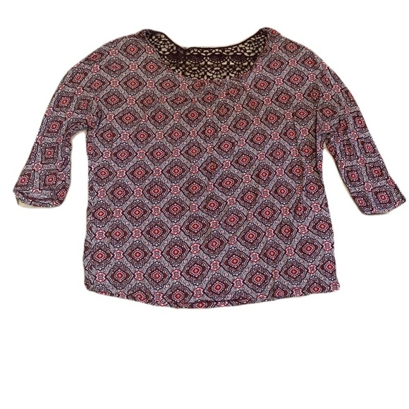 Revolution Tops - Revolution by Ricki's Geometric Print 3/4 Sleeve Top - XL/TG - Lace Back Detail